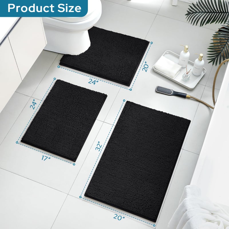 BYSURE Black Bathroom Rugs Sets 3 Piece Non Slip Extra Absorbent Plush Chenille Soft Washable Bath Mats - Image 2